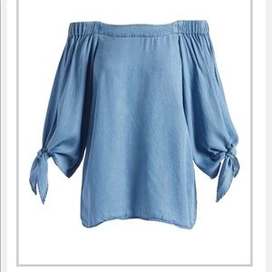 Appraisal- Light Blue Tie-Accent Off-Shoulder Top
